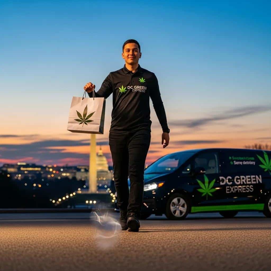 A delivery person with a cannabis gift bag in front of a delivery vehicle, highlighting same-day cannabis gift delivery in DC