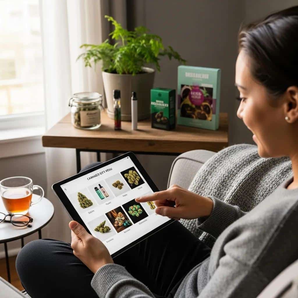 A person browsing a cannabis gift menu on a tablet, surrounded by cannabis products, illustrating the selection process