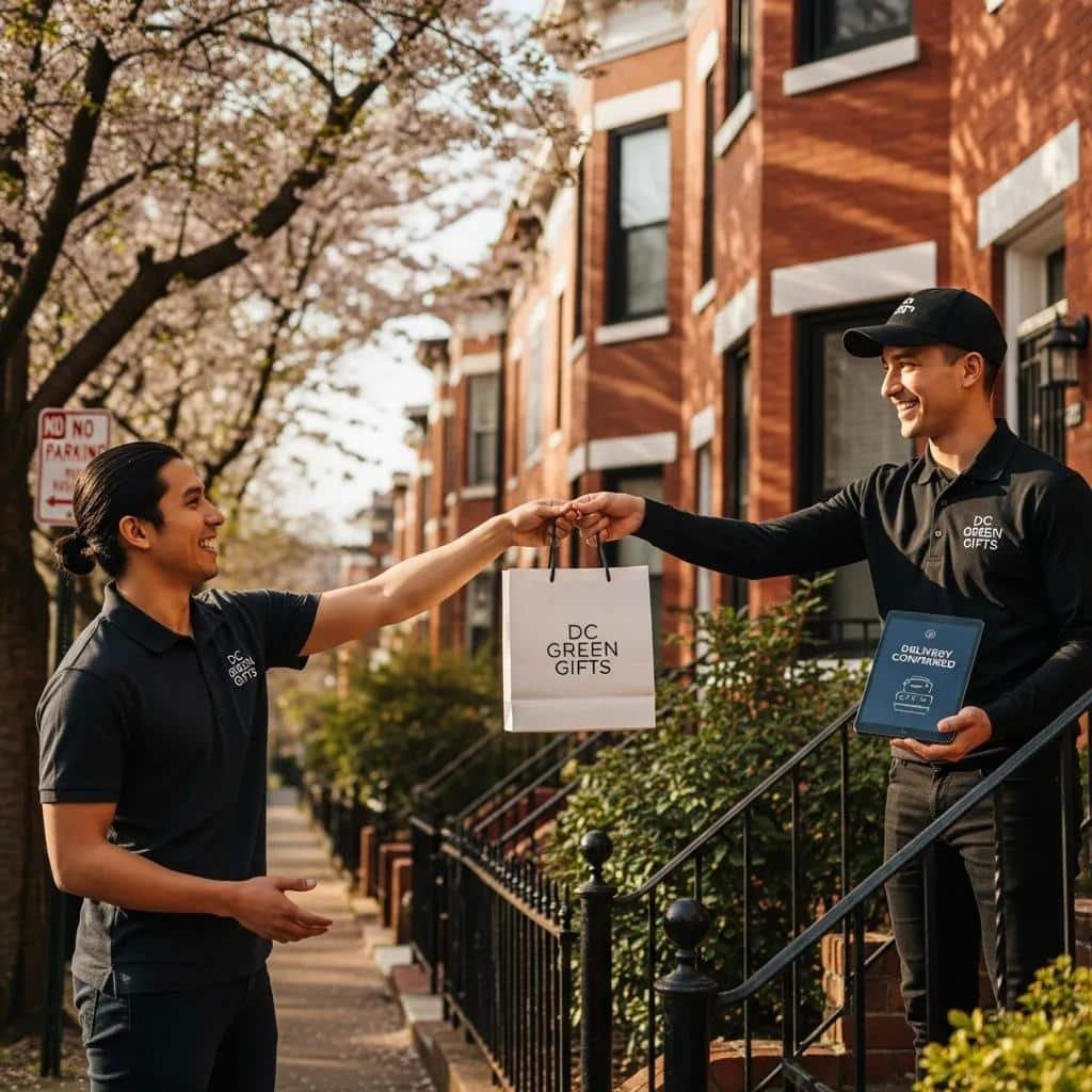 Delivery person handing over a cannabis gift package to a recipient, illustrating same-day delivery in D.C.