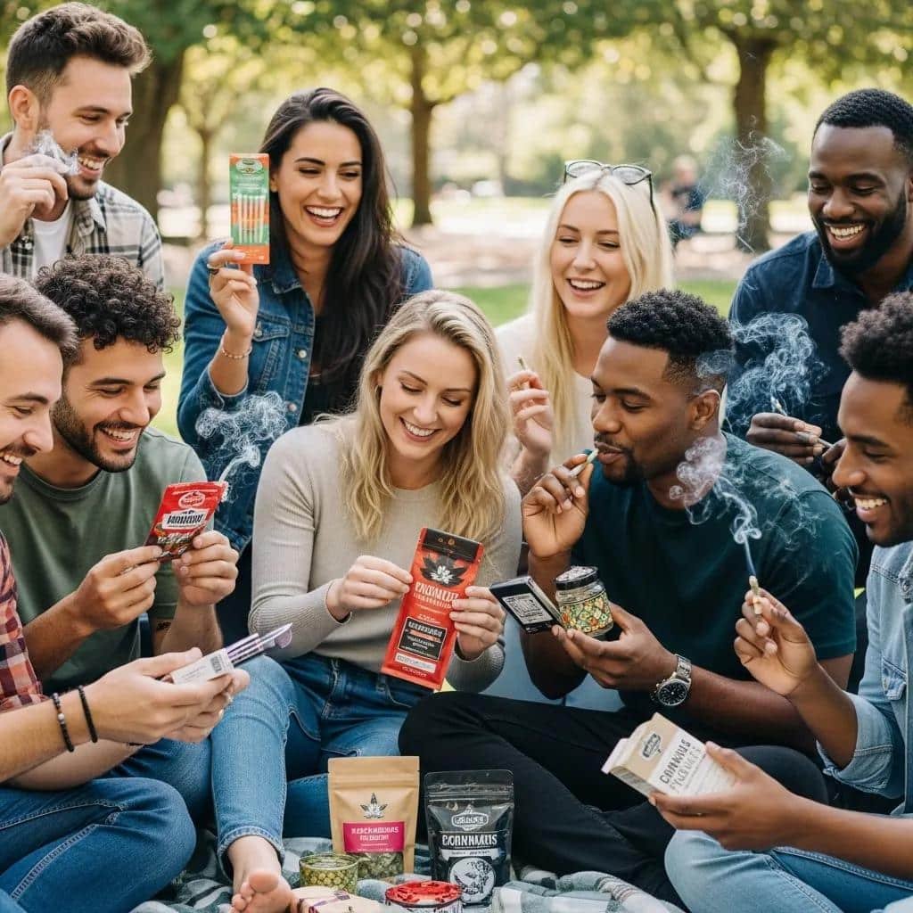 Happy customers enjoying cannabis gifts outdoors, reflecting positive feedback and satisfaction with the service